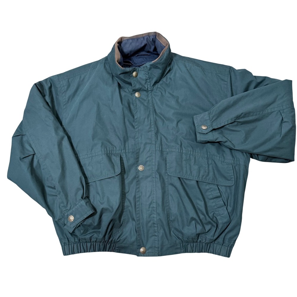 London Fog Mens XL Green All Weather Jacket Vintage Quilted Liner Leather Trim